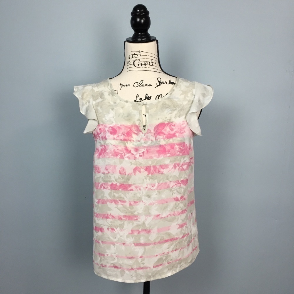 ELLE Flutter Cap Sleeves Striped Floral Blouse
